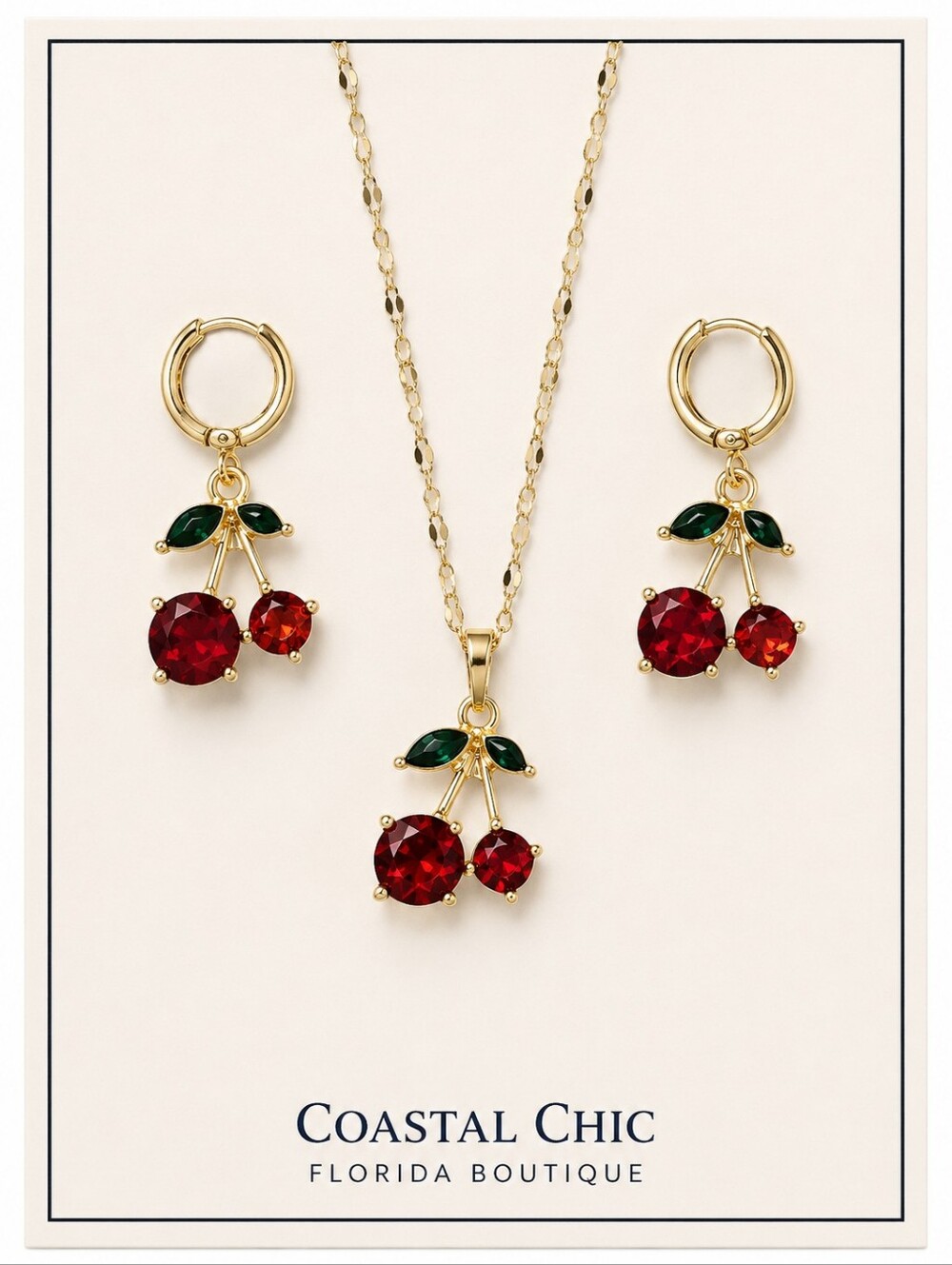 Gold Cherry Necklace and Earrings Set in Red